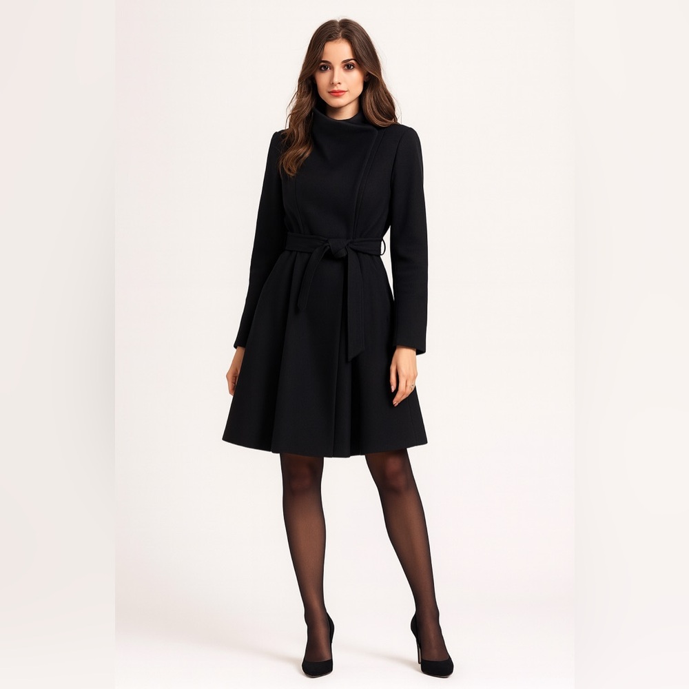 1 Madison Black Wool‎ Blend Belted Coat Sz. 10